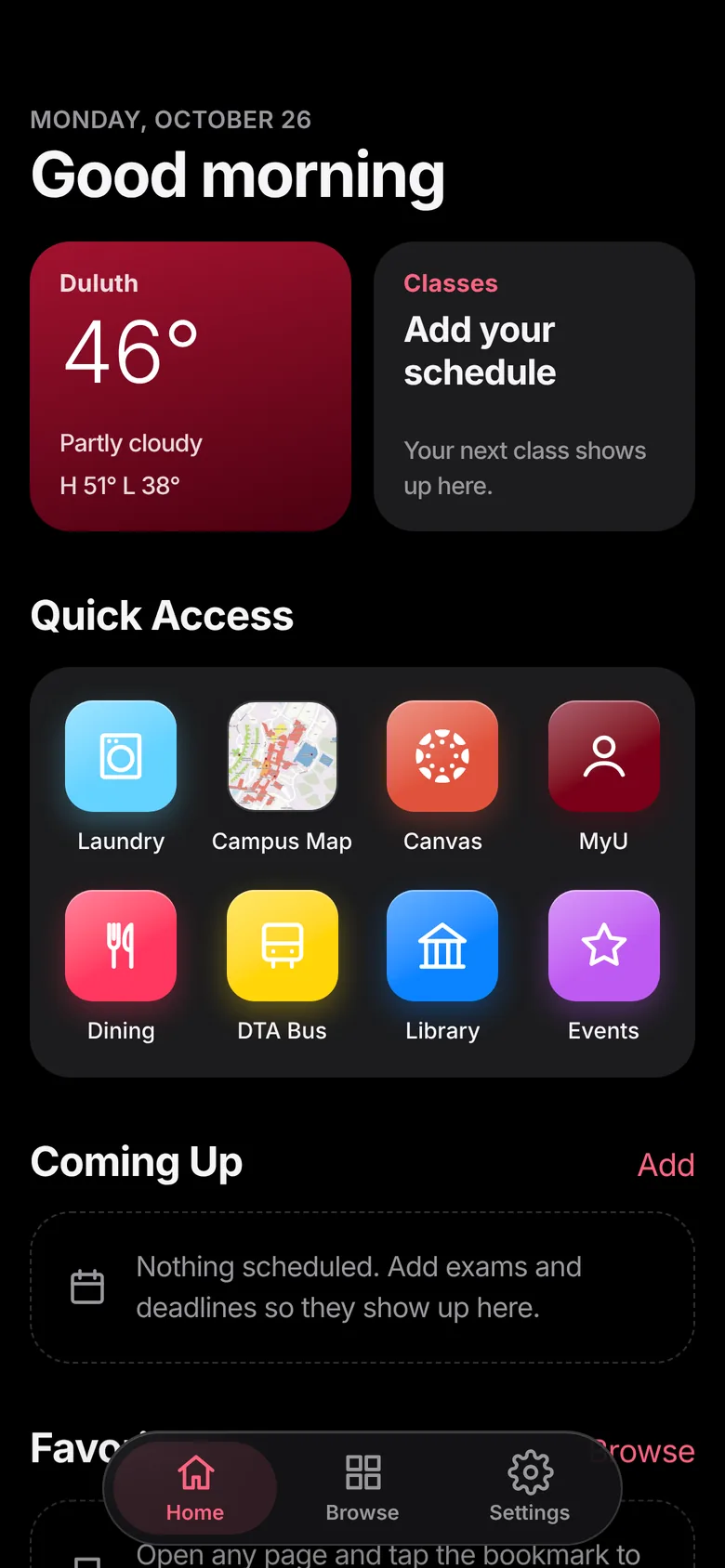 The Bulldog app home screen in dark mode, with Duluth weather, classes, and Quick Access shortcuts.