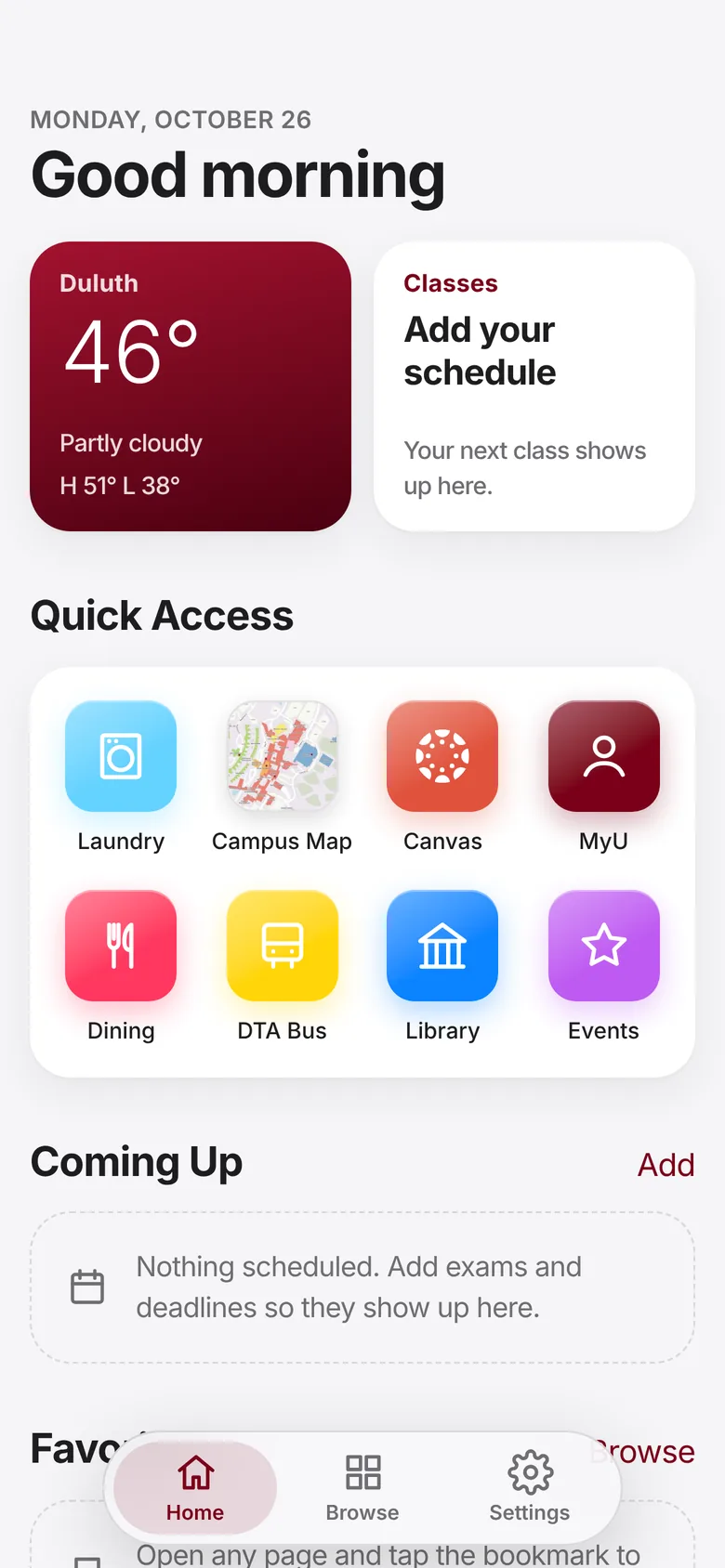 The Bulldog app home screen, with Duluth weather, classes, and Quick Access shortcuts.